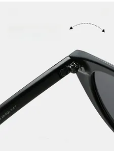 Detailed macro view of durable metal hinges and 19-141 specs on black cat-eye sunglasses