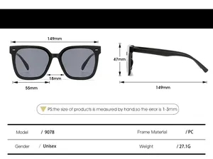 Tabella taglie dettagliata con dimensioni degli occhiali da sole quadrati oversize