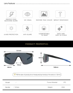 Detailed size specifications of the unisex PC sports sunglasses with dimensions and icons