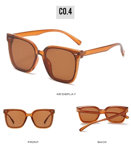 Viste dettagliate di occhiali da sole squadrati oversize color ambra, fronte e retro