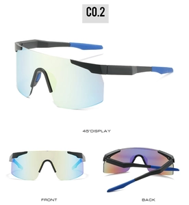 Three-angle views of rimless cycling sunglasses with blue-green iridescent lenses