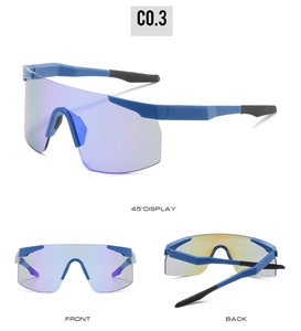 Front, back, and 45-degree views of blue framed cycling sunglasses with purple mirror lens