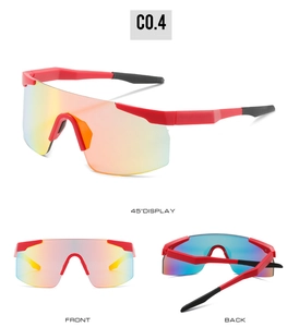 Detailed views of red cycling sunglasses with colorful rainbow mirrored lenses and non-slip tips