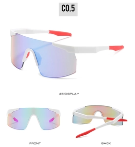 Three-angle view of white cycling sunglasses with polarized multi-color lenses and red tips