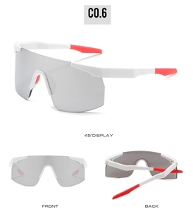 Three-view layout of white cycling sunglasses with red accents and mirrored lenses