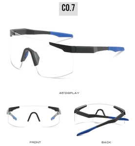 Multiple views showing black and blue cycling glasses with clear lenses and anti-slip tips