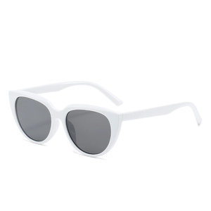 Retro white cat eye sunglasses with grey lenses shown in a classic 45-degree side view angle
