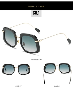 Détails de lunettes de soleil carrées à monture noire et verres dégradés bleu-vert chic