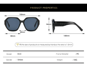 Detailed technical dimensions of oversized hexagonal sunglasses with wavy temples and PC frame