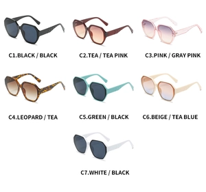 Selection of irregular polygonal sunglasses showing seven different color frames and lenses