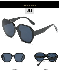 Detailed views of irregular polygon sunglasses with stylish wavy textured temples