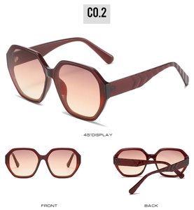 Detailed views of irregular polygon sunglasses with wavy temples and gradient lenses
