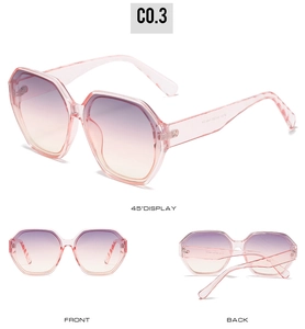 Macro detail of octagonal sunglasses with wavy temples and pink gradient lenses