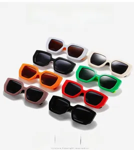 Collection of retro thick-framed sunglasses in eight colors with dark lenses