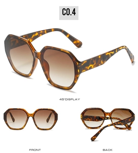 Three-view display of irregular polygon sunglasses with tortoiseshell frames and wavy temples