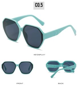 Three-view display showing wavy temples and irregular polygon frames of mint green sunglasses