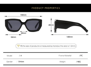 Detailed technical specifications and sizing measurements for unisex square sunglasses