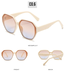 Three perspectives of cream irregular hexagonal sunglasses with pink blue gradient lenses