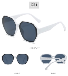 Detailed views of geometric sunglasses showing front, back, and 45-degree angles