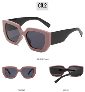 Front, back, and 45-degree views of vintage square wide-leg sunglasses in dusty pink