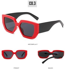 Front and side views of vintage red square sunglasses with wide black temples