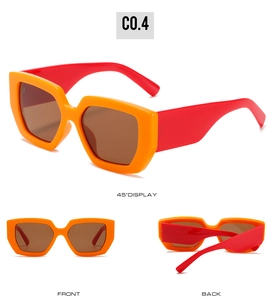 Three views of chunky rectangular sunglasses in bright orange and red contrast colors