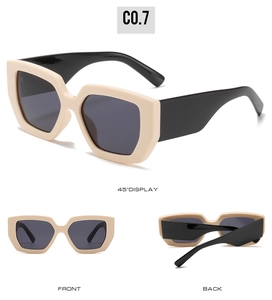 Three-angle display of vintage thick-frame square sunglasses in cream beige and black