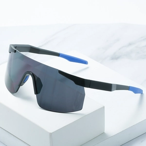 Sporty cycling sunglasses with a large colorful lens and blue anti-slip temple tips