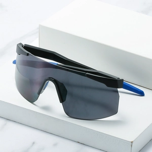 Sport cycling sunglasses with black shield frame and blue anti-slip temple tips for outdoors