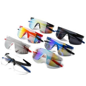 Colorful wrap-around cycling sunglasses in various lens tints for outdoor sports and racing