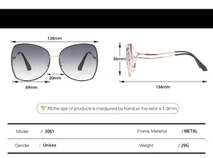 Detailed size specifications for women's polygonal metal sunglasses showing dimensions