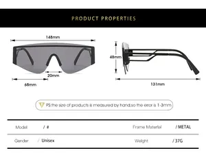 Size chart showing metal frame square sunglasses dimensions and weight details