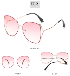 Three views of polygon butterfly sunglasses with rose gold frames and pink gradient lenses
