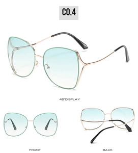 Detailed views of gold polygon sunglasses with light blue gradient lenses from three angles