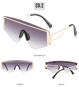 Detailed views of oversized square gradient purple lenses and gold metal frame sunglasses