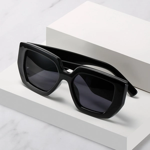 Retro thick-frame square sunglasses with dark grey lenses and chunky geometric temples