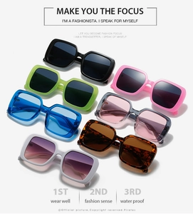 Collection of oversized square sunglasses in seven vibrant jelly colors and tortoise patterns