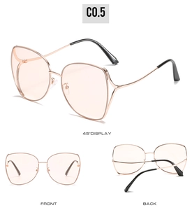 Three-view detail of rose gold geometric sunglasses with translucent pink lenses