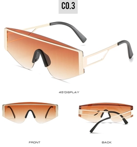 Front and side views of oversized square gradient sunglasses with gold metal frames