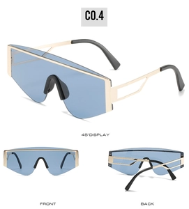 Detailed views of gold square oversized sunglasses featuring blue lenses and metal frames