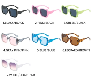 Macro shot of stylish square sunglasses in seven trendy colors including leopard and pink