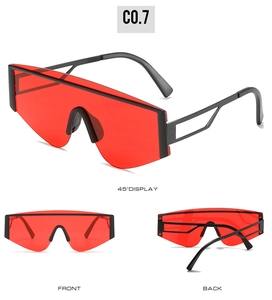 Macro view of red oversized square sunglasses with metal hinges and C0.7 model marking