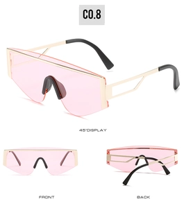 Three-view display of pink oversized square metal sunglasses showing front, back, and 45 degree angle