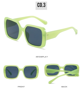 Detailed views of lime green square frame sunglasses with dark grey tinted lenses