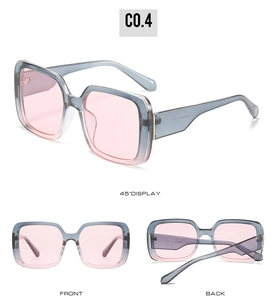 Detailed views of gradient grey to pink square sunglasses with wide temple metal accents