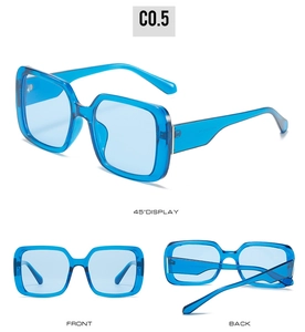 Three-view display of transparent blue oversized square frame sunglasses with blue lenses