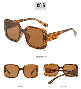 Detailed views of tortoise shell square frame sunglasses with brown lenses from three angles