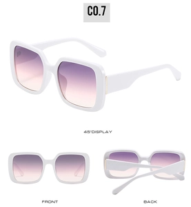Detailed views of oversized square white sunglasses with purple gradient lenses and gold trim