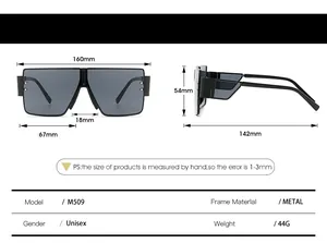 Detailed dimension chart for large frame shield sunglasses with metal frame and unisex design