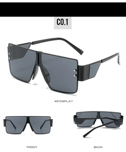 Three perspectives of oversized square flat top sunglasses with chic metal rivet accents